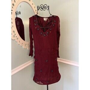 HD in paris anthropologie dress XS burgandy beaded embrodiered sheer cinch waist